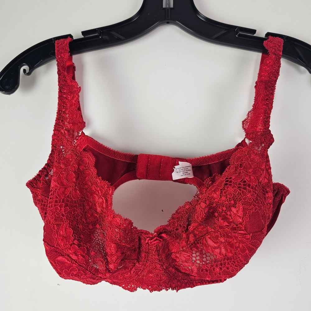 Victoria's Secret Red Lace Bra 34D Underwire Lingerie Feminine Semi Sheer